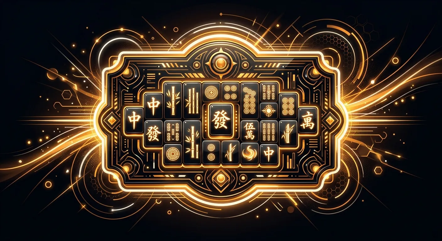 Ilustrasi panel mahjong slots dengan aksen obsidian dan amber