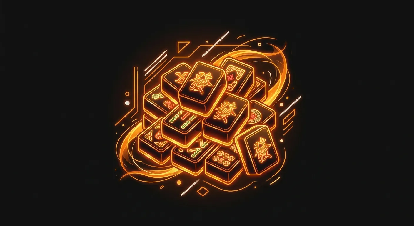 Ilustrasi balok ubin mahjong berdesain mewah dengan efek pencahayaan amber obsidian